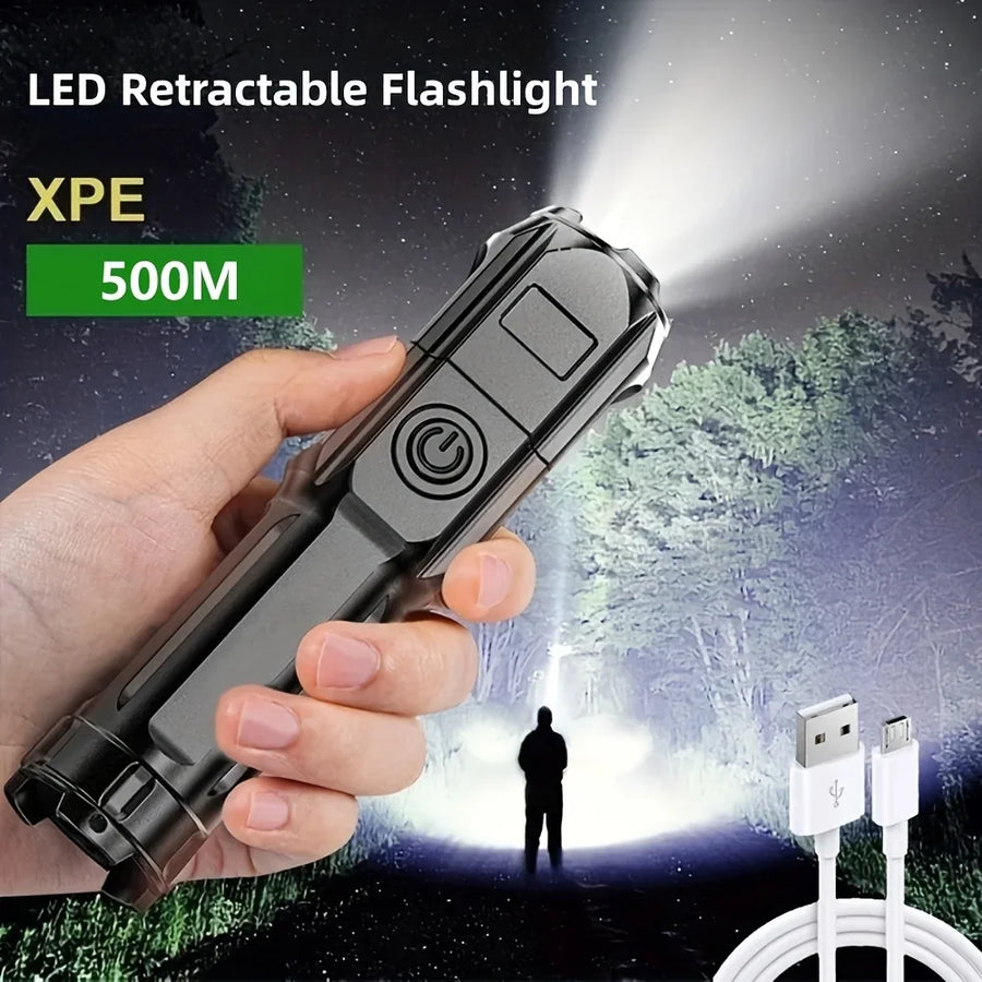 Rechargeable zoom LED torch with strong, medium, strobe and SOS light modes